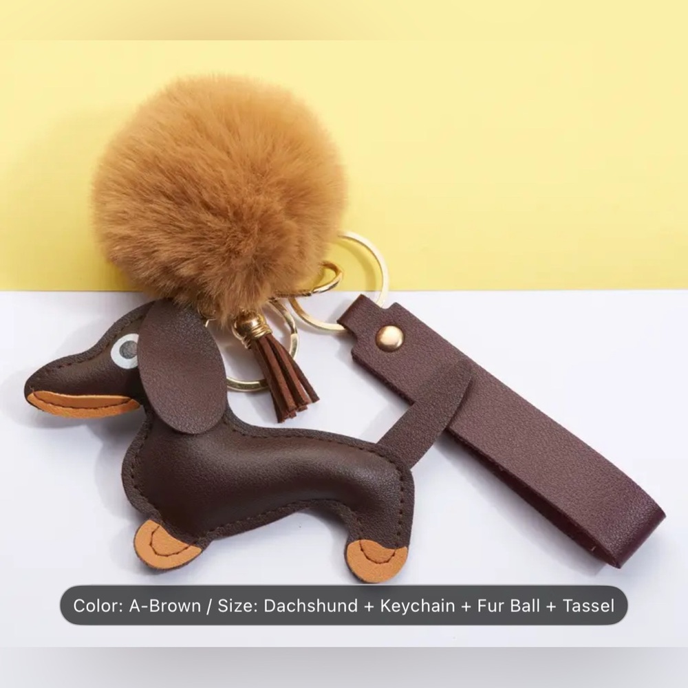 Brown Dachshund Keychain with Fur Ball and Tassel